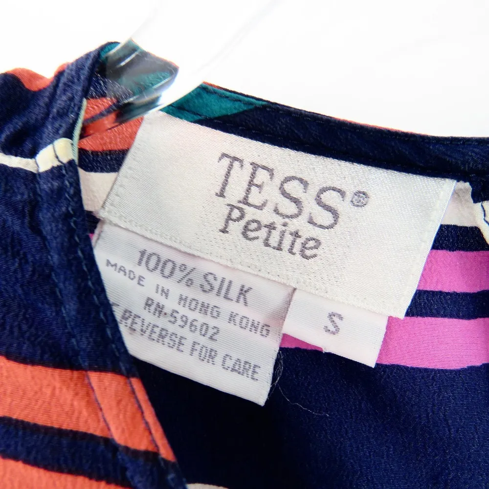 1990s Tess Vintage Rainbow Striped Silk Top with Shoulder Pads Small Pink - Image 4