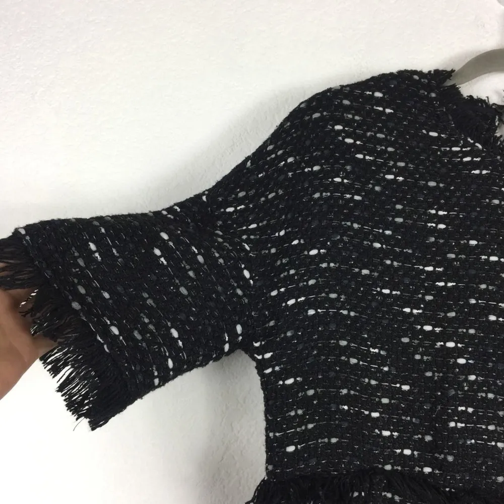 Zara Black Fringe Tweed Textured Knit Wide Sleeve Aline Mini Dress Medium - Image 8