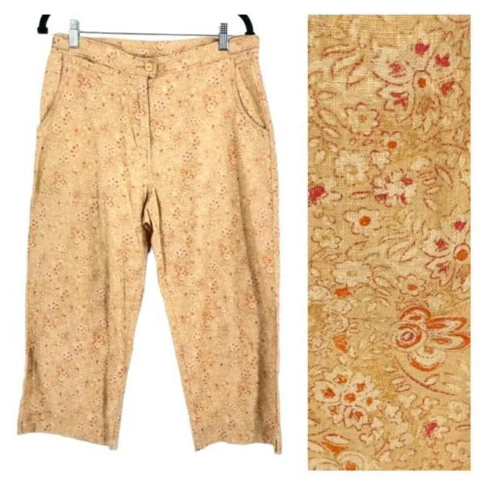 Vintage Woolrich Wicker Floral Linen Blend Crop Capri Pants Orange yellow Size 8 - Image 2