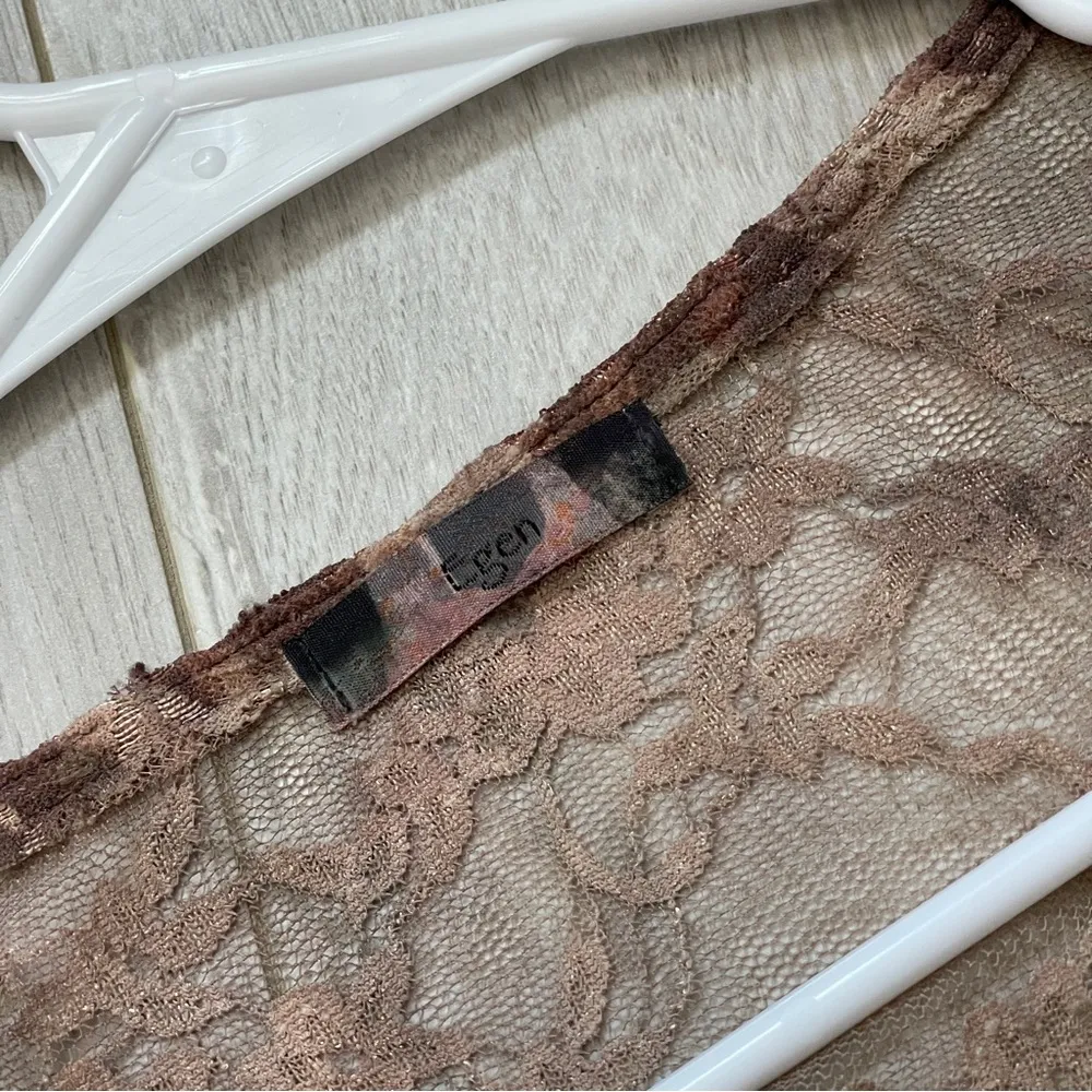 Y2K Lace Dress sheer mesh long sleeve bodycon womens Brown (small) romantic club Tan - Image 2