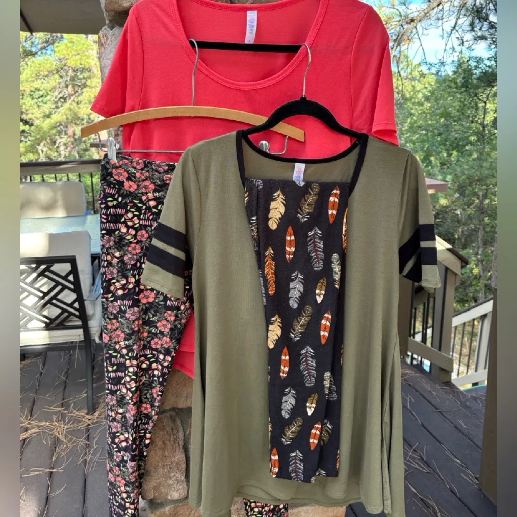 LuLaRoe Set of 3 Purple Heathered CLASSIC Tee Tunic Floral One Size Leggings - Image 11