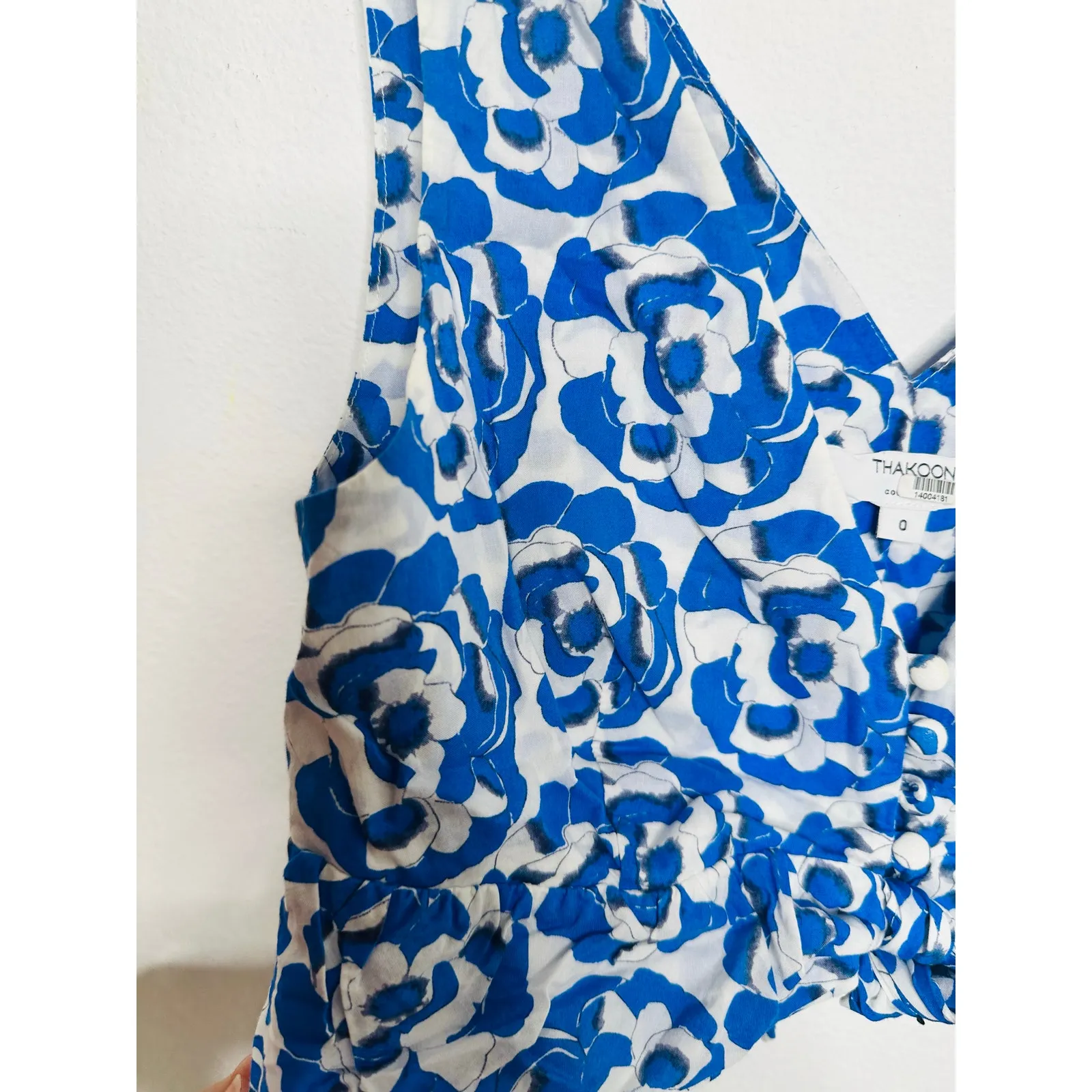 THAKOON Blue White Floral Rose Pop Print 100% Cotton Ruffle Crop Top size 0 - Image 4