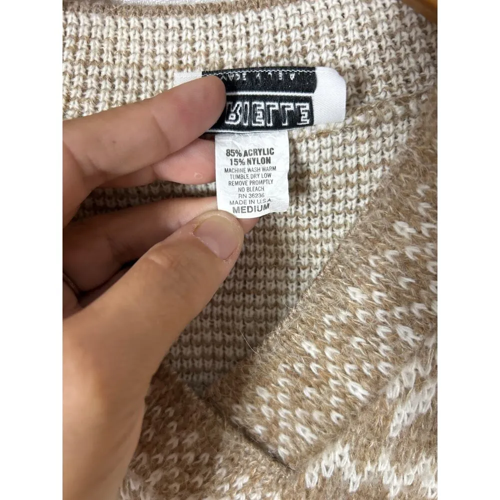 Sweater Vintage Medium Tan White Cropped Snowflakes USA Made Arielle - Image 7