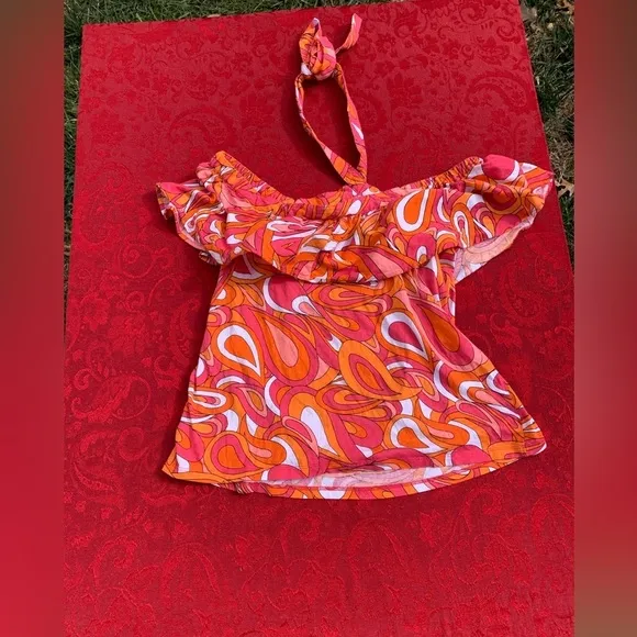 Michael Kors‎ medium Pink Orange Retro Groovy Y2K Off The Shoulder Halter Top - Image 4