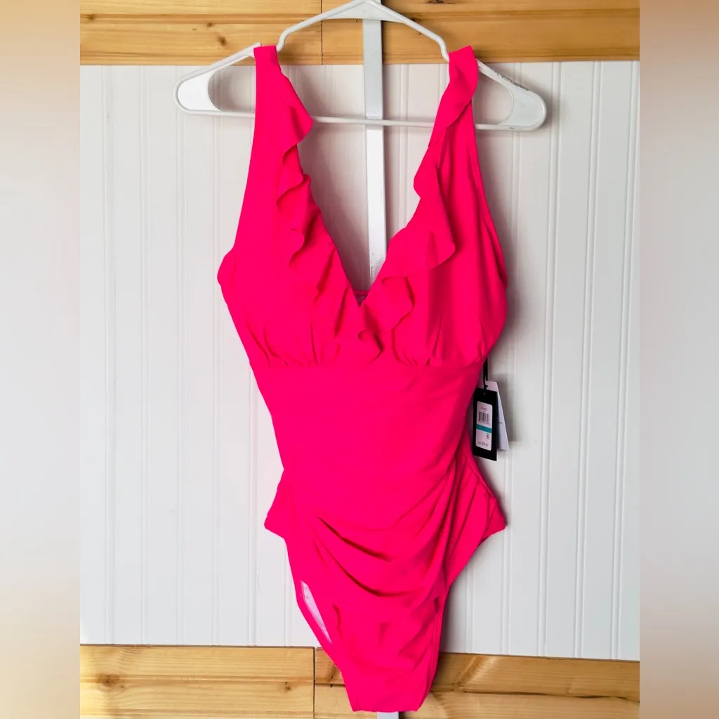New DKNY Ruffle Plunge Underwire Tummy Control One-Piece Swimsuit Hot Pink 16 - Image 4