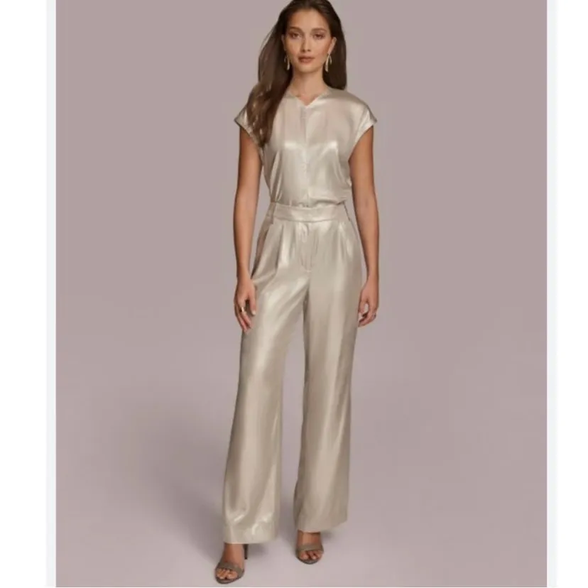 Donna Karan Pearl‎ Foil Pleated Metallic Oyster Wide Leg Pants size 8 old money - Image 5