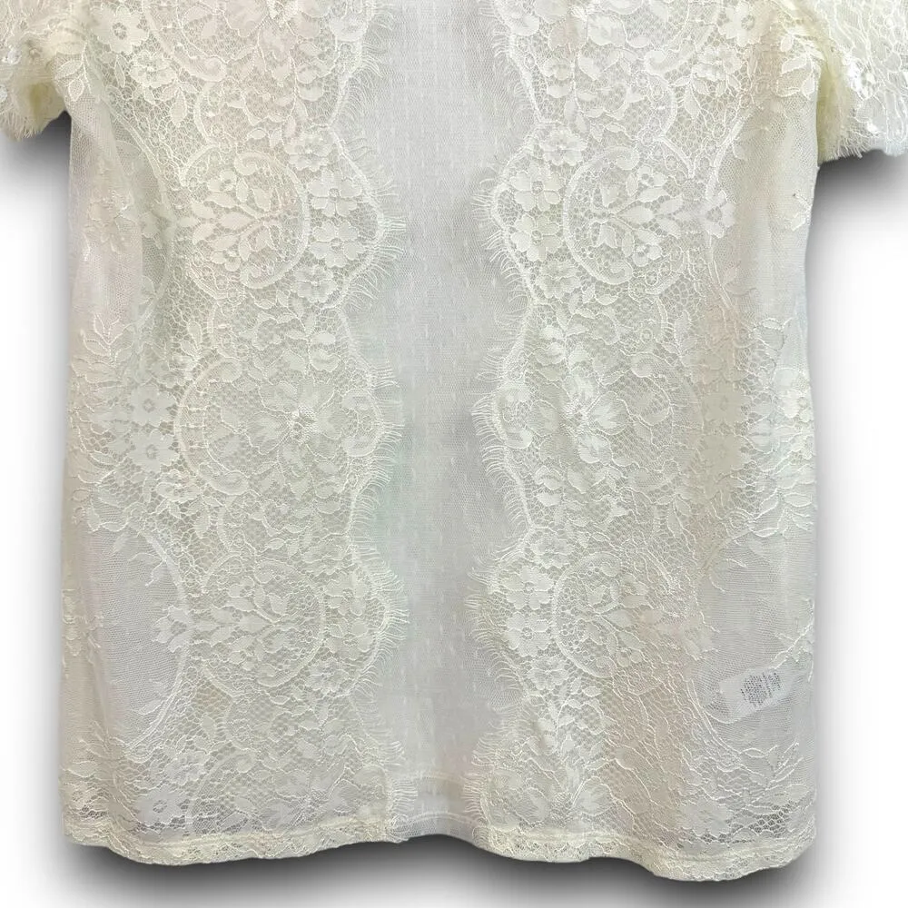 Express Sheer Lace Short Sleeve Top Blouse Eyelish Trim Cream Off White Size XS - Image 3