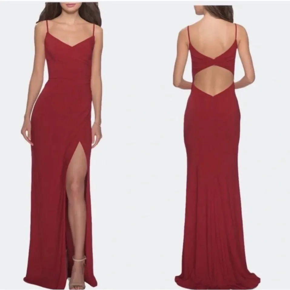 NWT LA FEMME Deep Red Slinky Ruched Evening Gown Dress Sz 2‎ #29079 $298 - Image 4