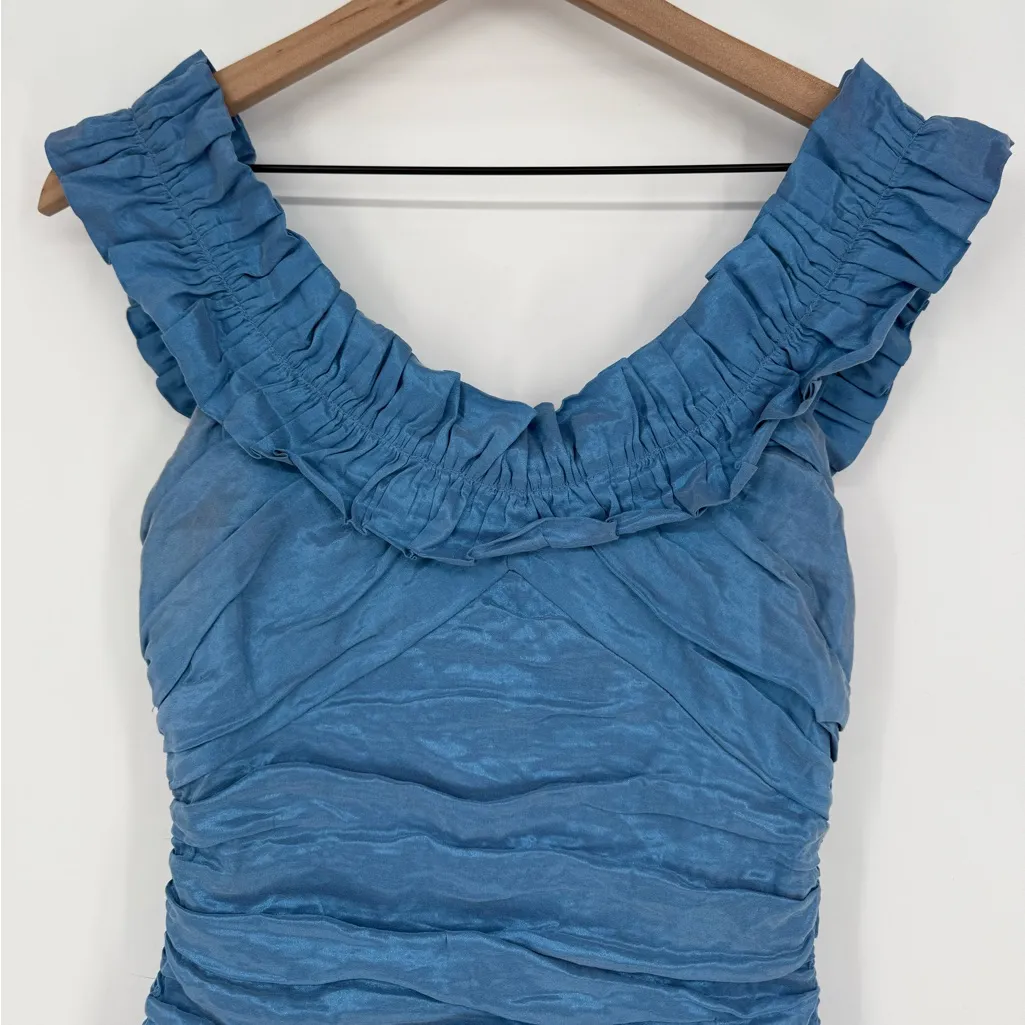 BCBGMaxazria Blue Mini Dress Form Fitting With Ruffles Women's Size 8 - Image 2