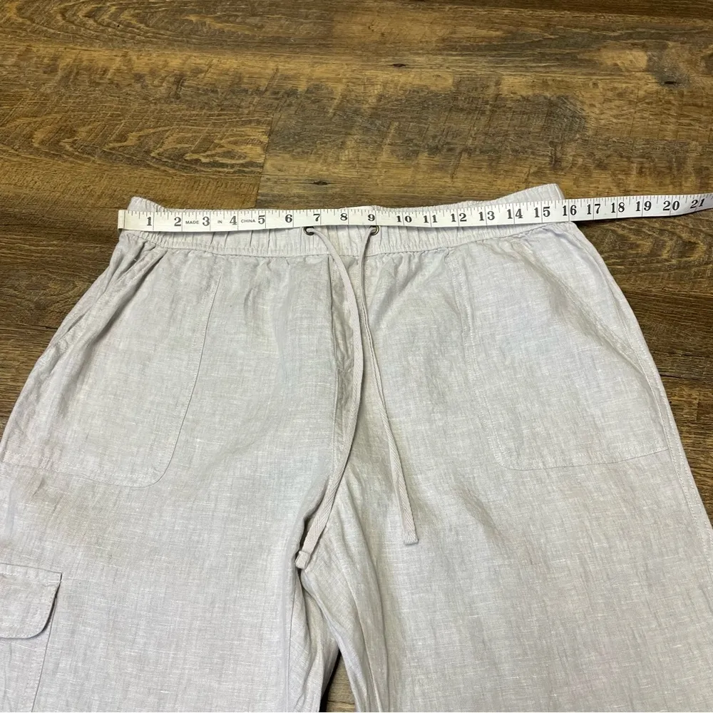 Rachel Zoe 100% Linen Cargo Pants Straight Leg Tie Waist Womens Size Large Beige - Image 2