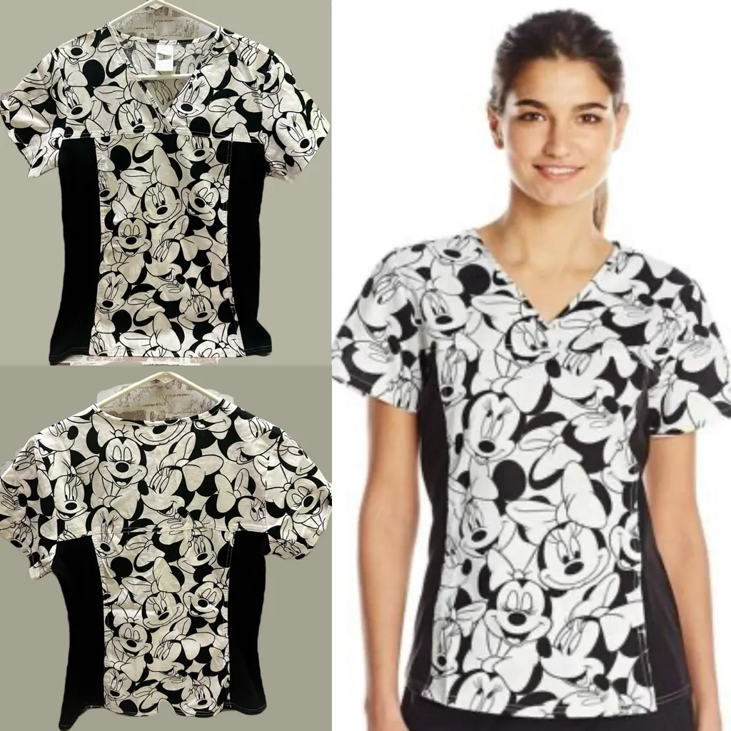 Disney  Minnie Mouse Black and White Graphic Fitted  Scrub T-Shirt size S - Image 2