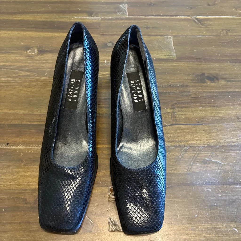 Stuart Weizman Count Black Diamond Square Toe Heels Pumps Snake Lizard Textured - Image 3