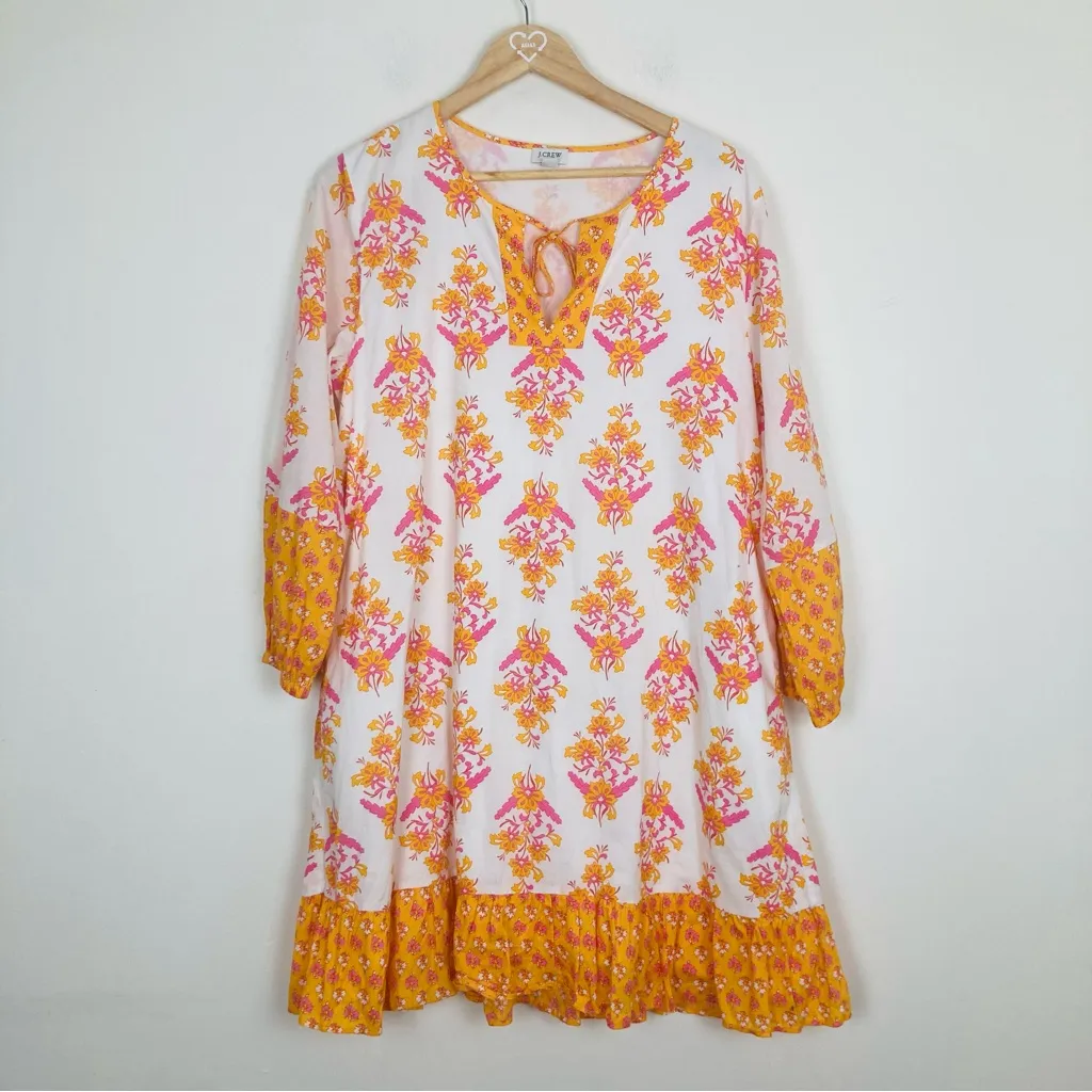 J. Crew orange, pink and white floral block, print puff sleeve mini dress. Small - Image 2