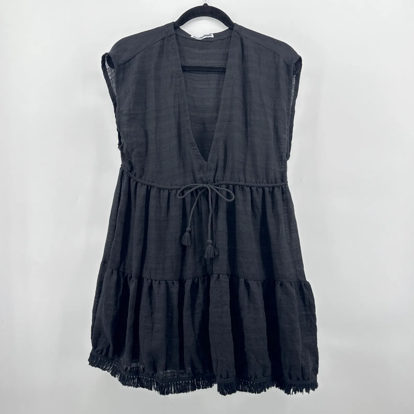 Robin Piccone‎ Natalie Black Cover-Up Dress Drawstring Waist Fringe Hem Small - Image 3