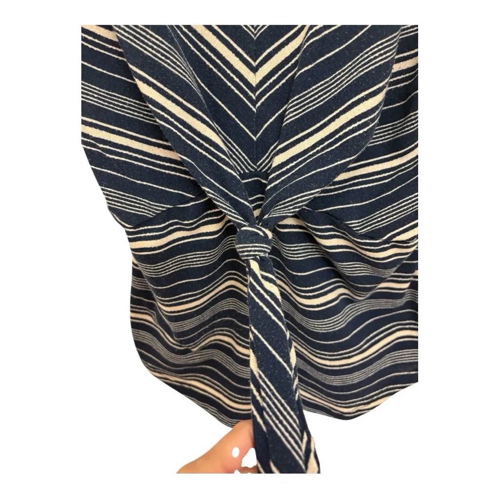 AUW Navy White Chevron Stripe Tie Front Blouse M Fitted Office Chic Top - Image 2