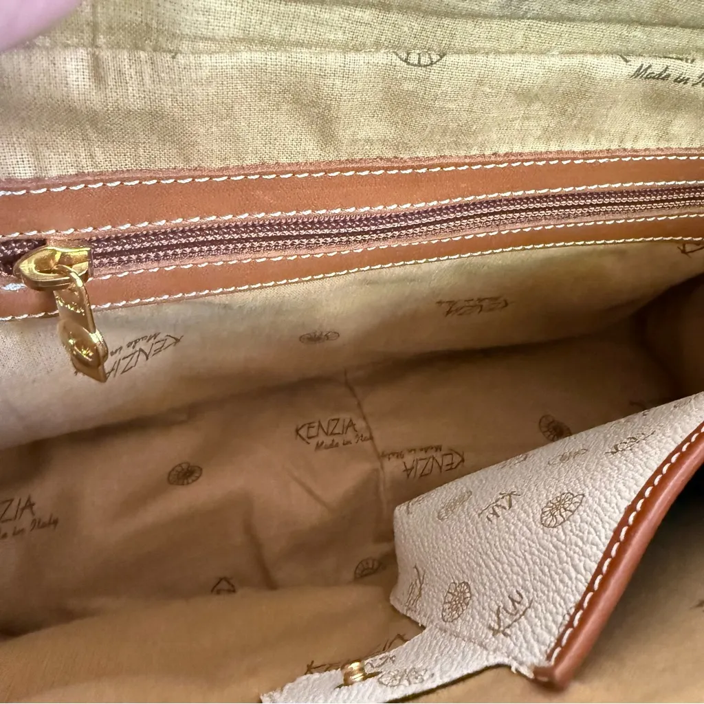 Vintage 2000s Kenzia By KU Italian Ivory Coated Canvas Leather Shoulder Bag Y2K Tan - Image 11