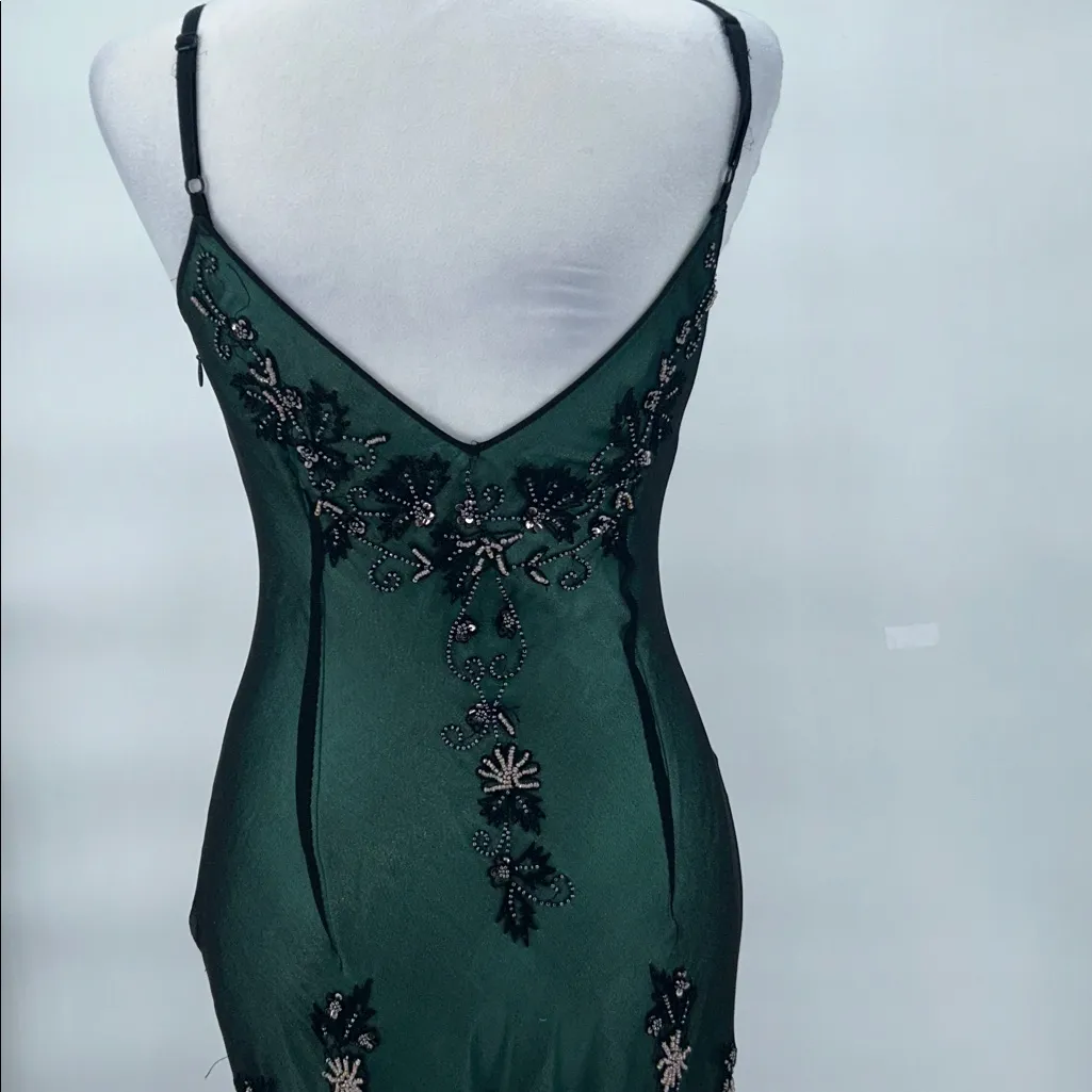 adrianna papell green beaded dress vintage Dark Green Hand Beaded Short Sleeve Floral Godet Gown
