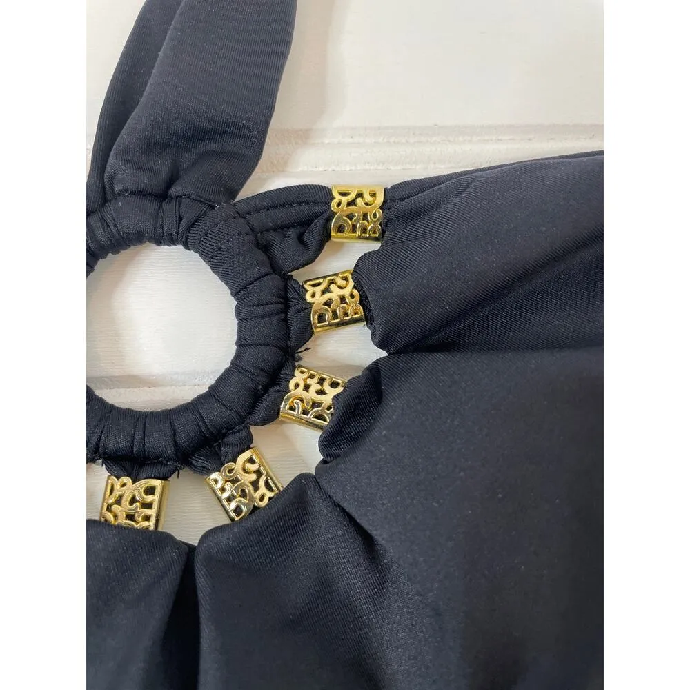 Carmen Marc Valvo Black Tribal Muse Beaded Halter Tankini Top Swimming Size XS - Image 4