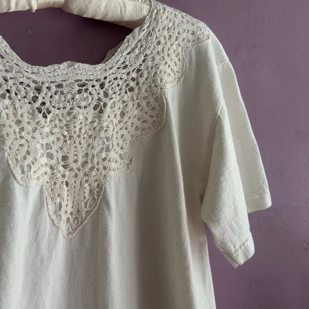 Vintage Chic Cream Crochet Knit Lace Women's Short Sleeve Top Tee Tshirt White Size M - Image 4