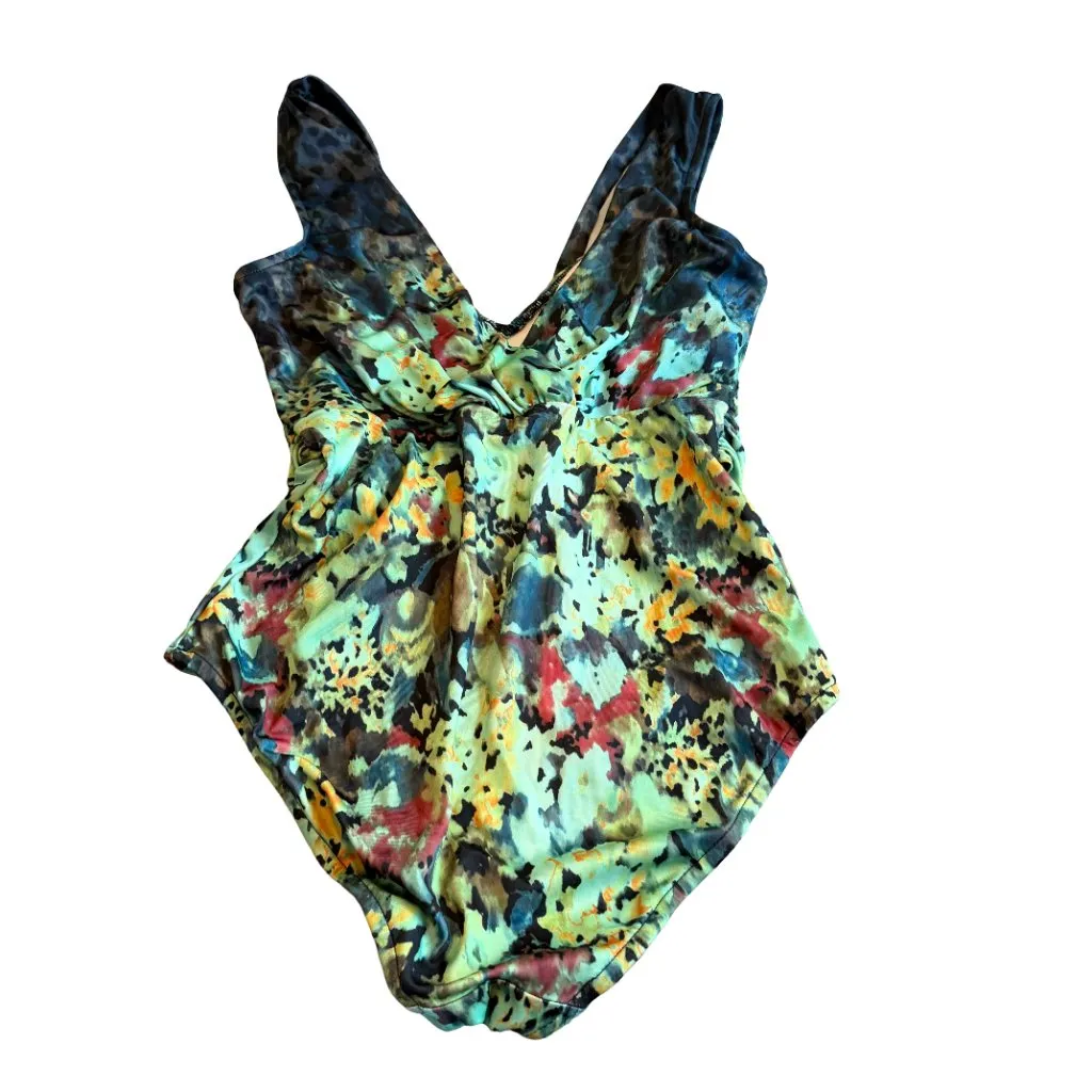 Badgley Mischka One Piece Colorful Swimsuit Wrap Style Ruched Swimwear Size 12 - Image 6