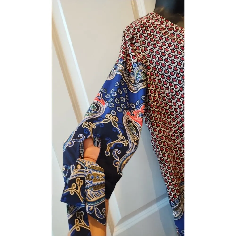 Forever 21  Contemporary  Red Blue Shirt Dress Boho Floral  3/4 Sleeves Medium - Image 3