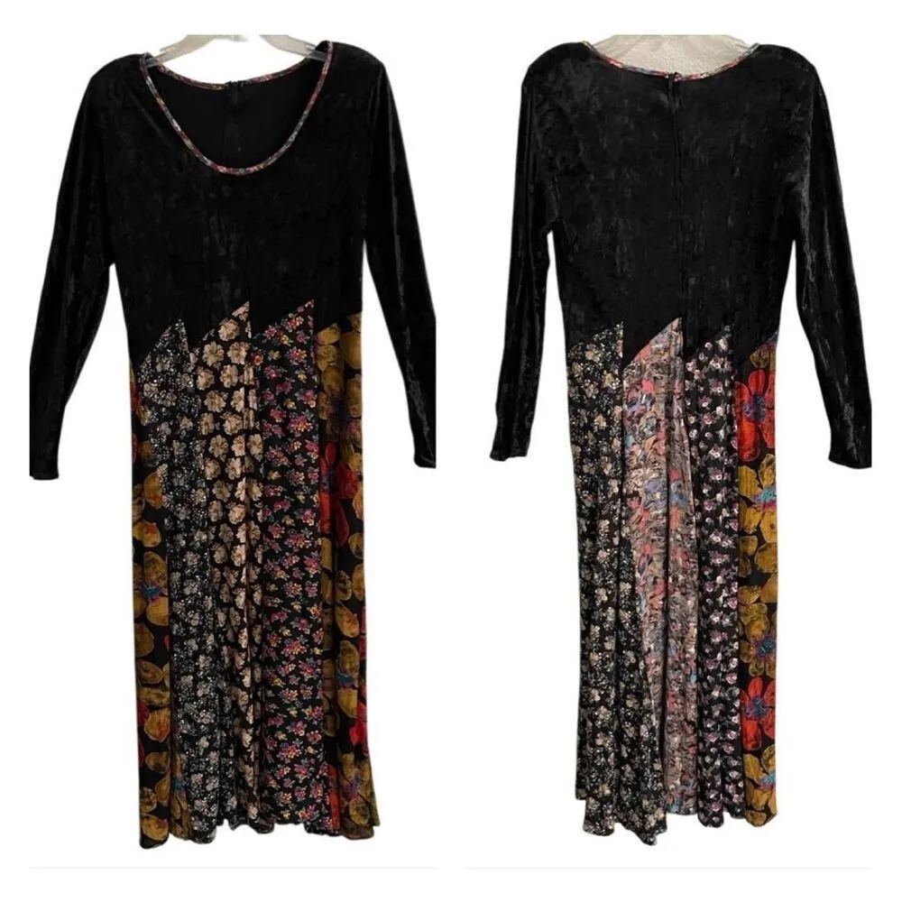Vintage Handmade Patchwork Whimsygoth Hippie Maxi Dress Long Sleeve Velvet - Image 3