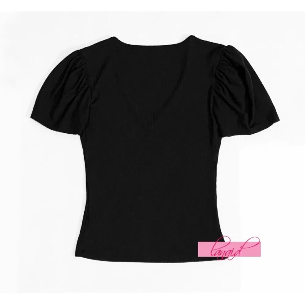 Vibe Vicky Top Black V-Neck Puff Princess Short Sleeve Ribbed Stretchy Blouse S - Image 3