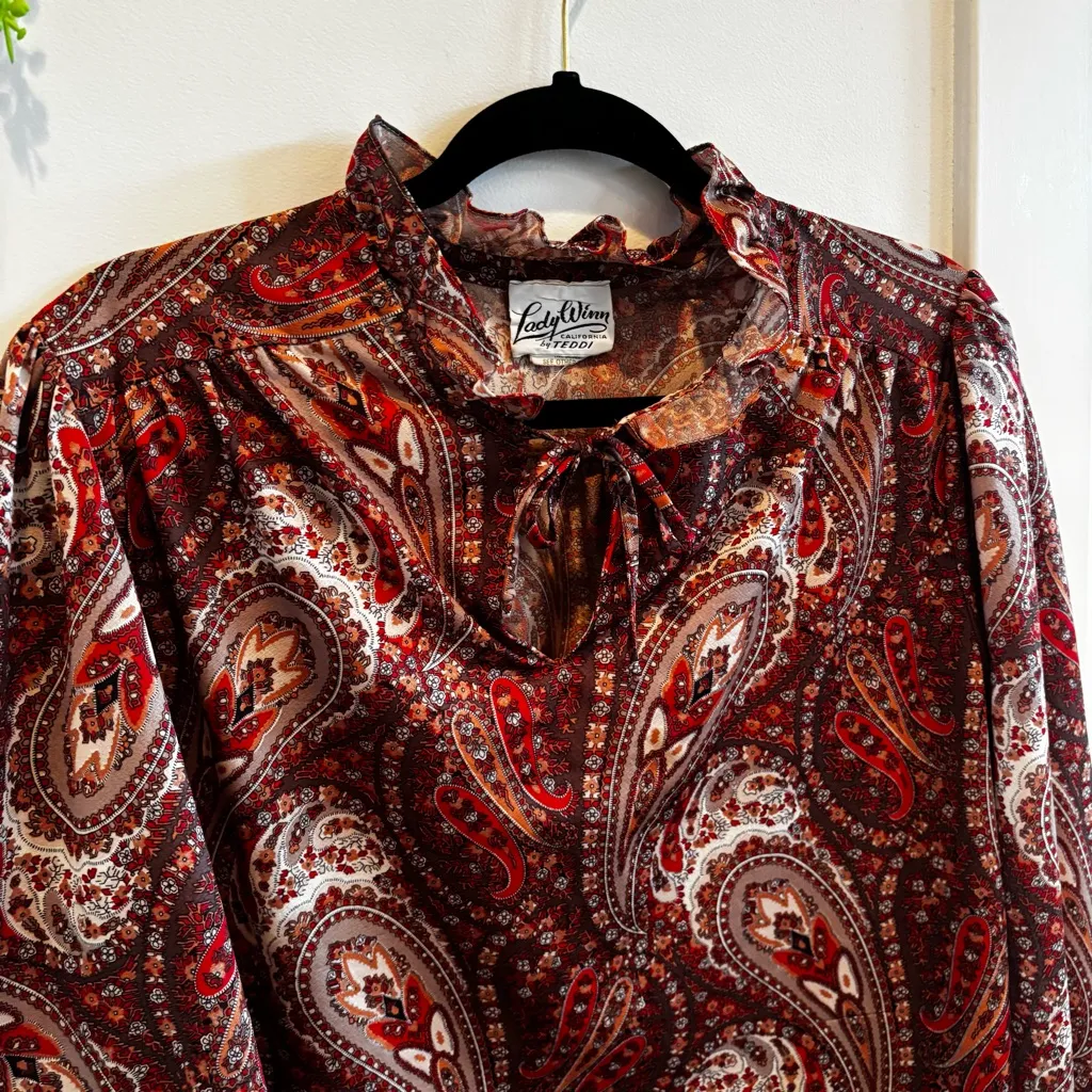 Lady Winn California By Teddi Vintage Women's Long Sleeve Paisley Boho Tops 42 Red Size L - Image 4