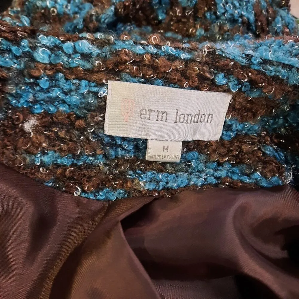 Erin London Jacket Women's Medium Brown Blue Long Sleeve Fuzzy Belted Blazer - Image 4