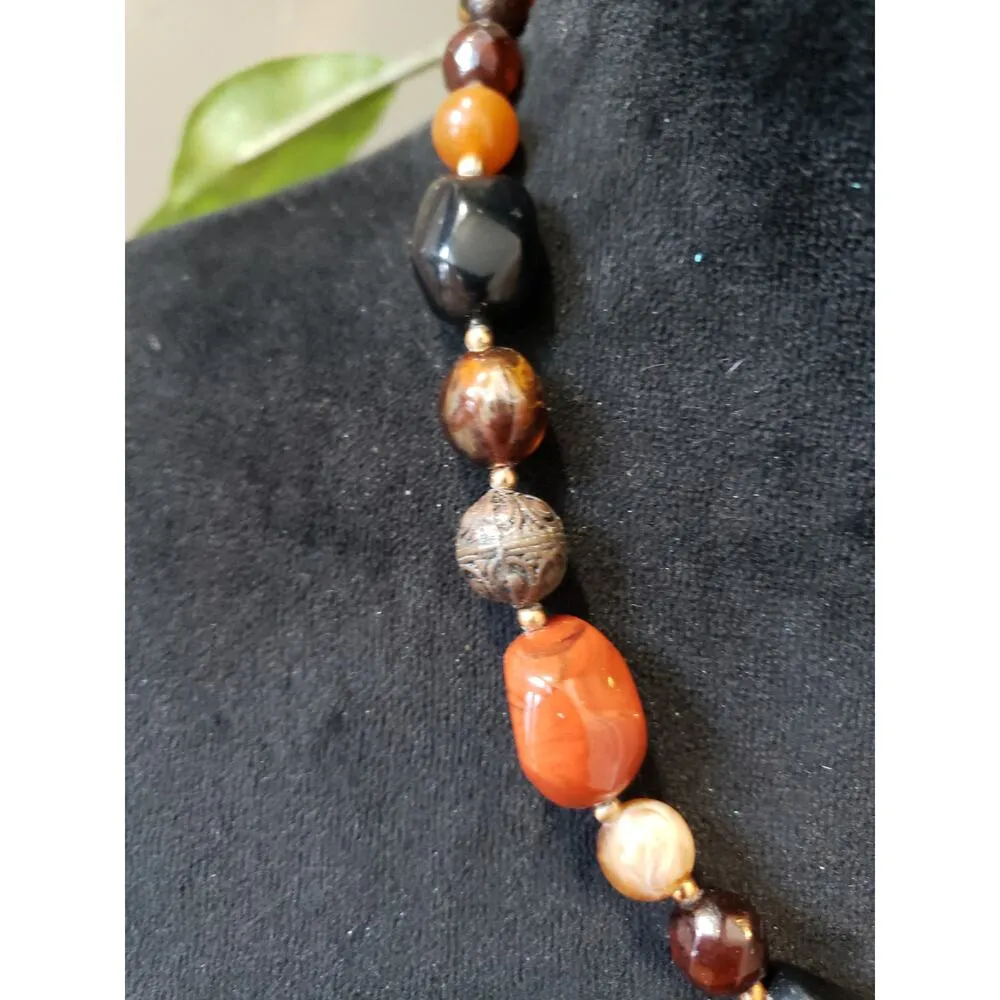 Womens Fashion Tribal Chunky Carnelian Coral Verde Marble Ornate Beads Necklace Brown - Image 5