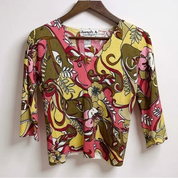 Joseph A Retro Floral 70s Print Top Small V-Neck Fitted 3/4‎ Sleeve - Image 2