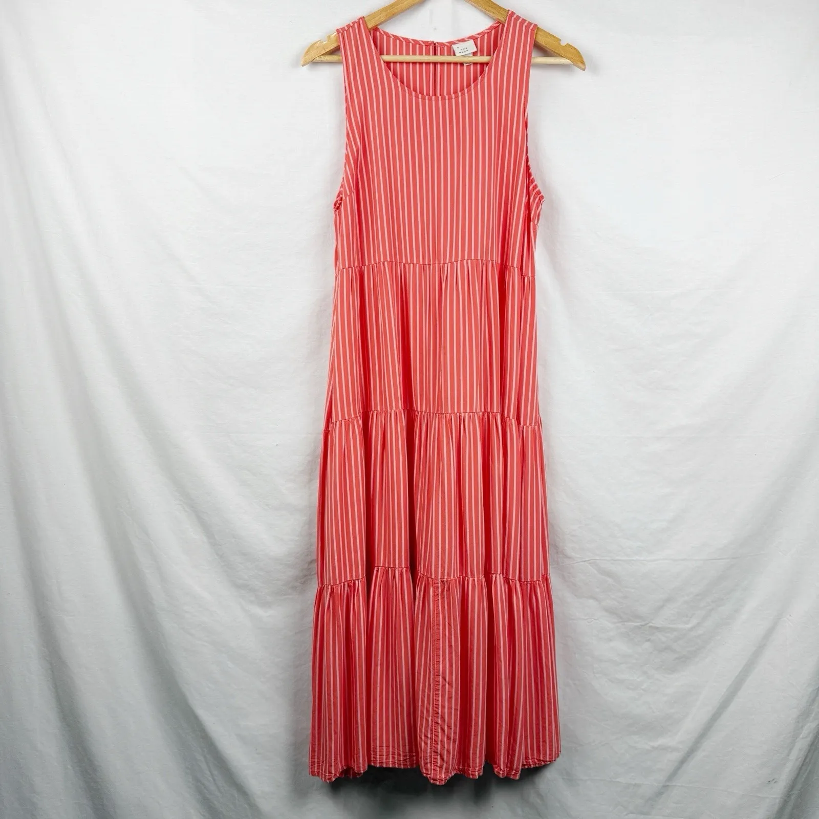A New Day Women's M Coral Red Striped Tiered Sleeveless Midi Dress Rayon - Image 2