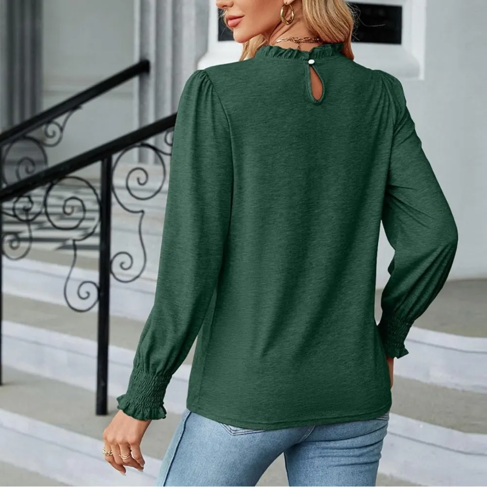 NEW Green Frilled Ruffle Neck Lantern Sleeve Smocked Cuff Blouse Size XL - Image 3