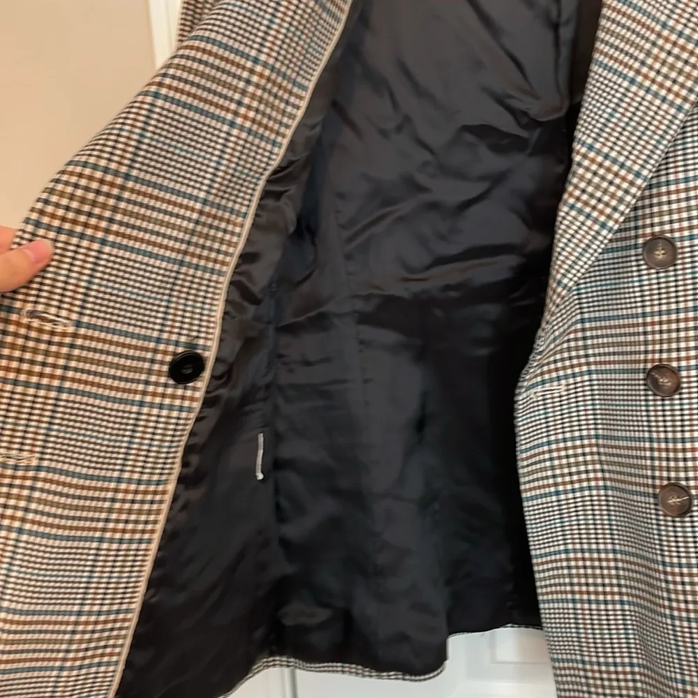 Mango MNG Double breasted check blazer brown blue  plaid size 2 Suit line - Image 7