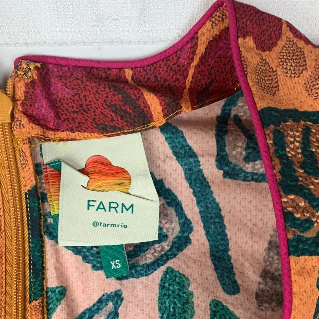 FARM Rio xs floral midi dress puff long sleeve v neck yellow pink guest tropical - Image 3