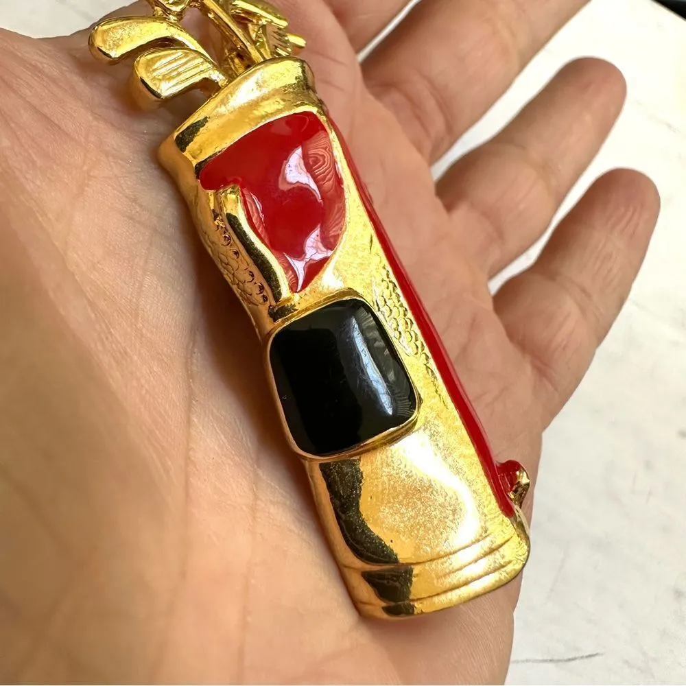 Gold tone red and black Golf bag with clubs pin - Image 8
