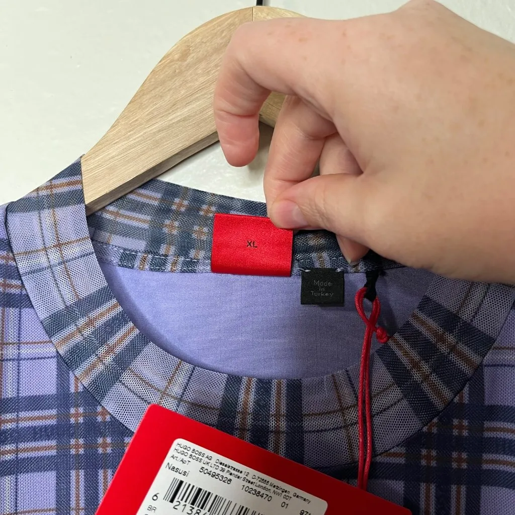 Hugo Boss Nasusi Womens Purple Stretch Mesh Plaid Long Sleeve Midi Dress XL - Image 6