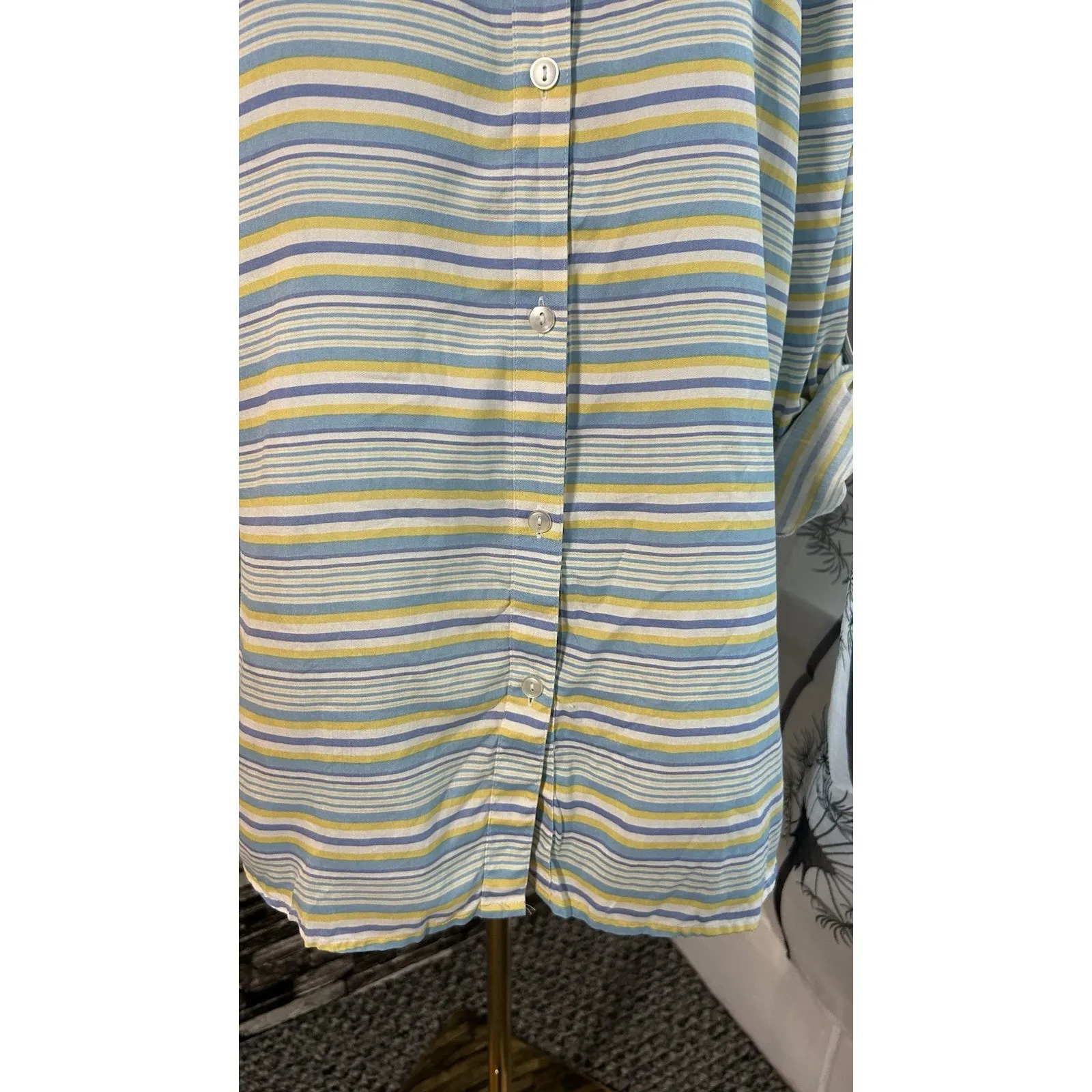 Investments 100% Silk  Tunic Top Button Up V-Neck Long Sleeve Blue Stripe Large - Image 4