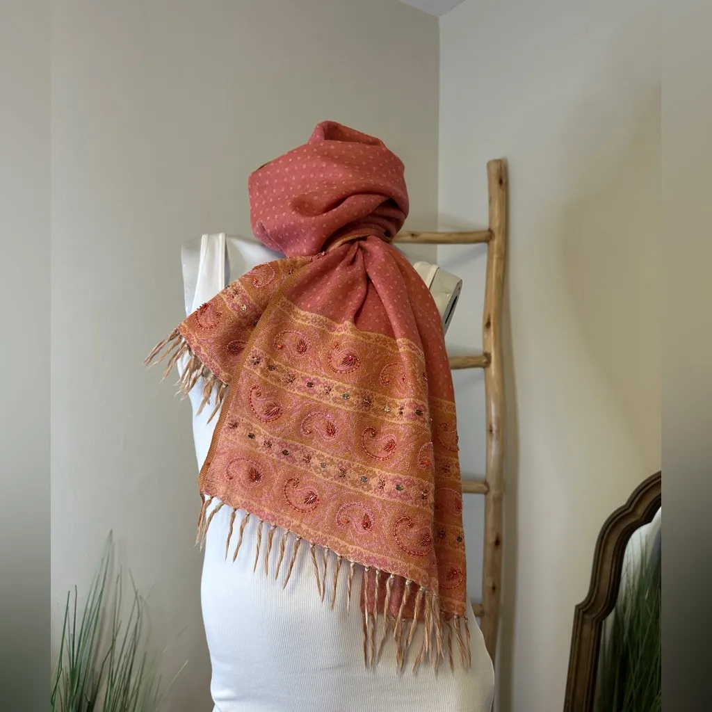 J Jill Woman's Wool Scarf Beaded With Fringe Pink - Image 3