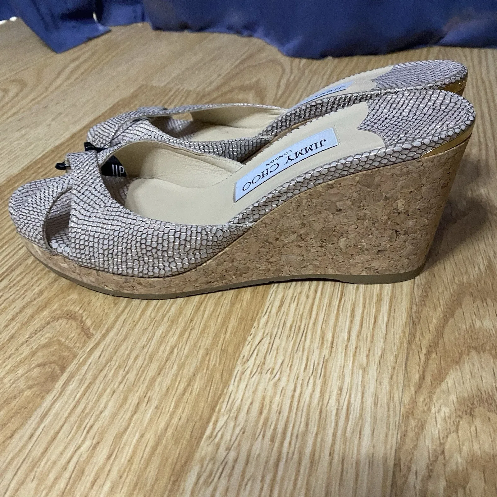 Jimmy Choo Gold Prima Cork Wedge Platform Sandal Slip On Heels US 7.5 EU 38 - Image 3