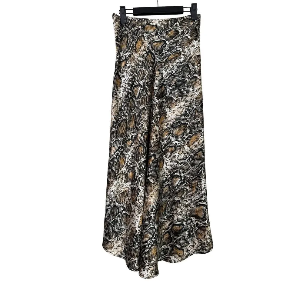 ZARA Snake Skin Print Lightweight Slit Button Detail Midi Skirt XS Cream Brown - Image 5