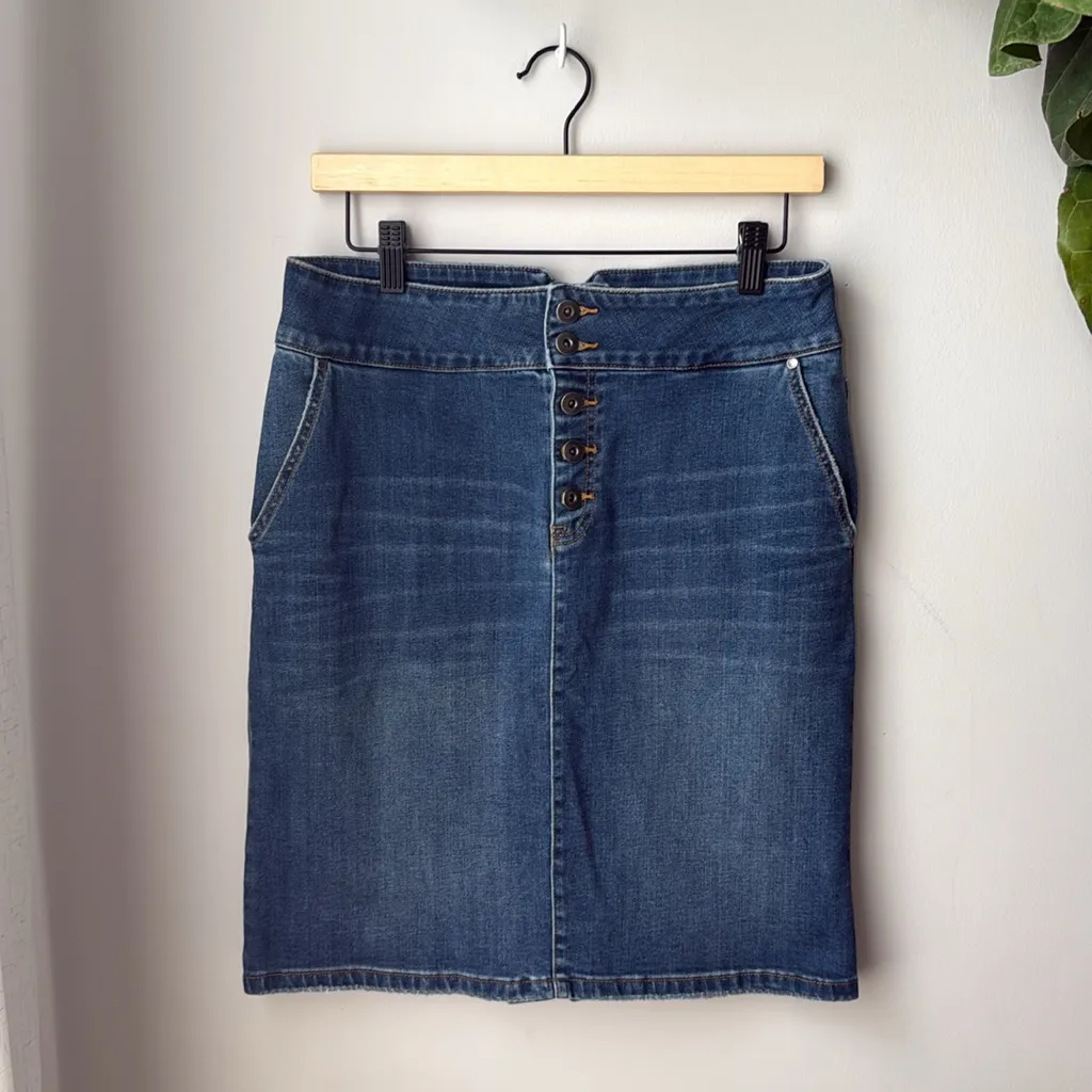 Prana Aubrey Exposed Button Fly High Waist Stretch Pencil Back Slit Denim Skirt - Image 3