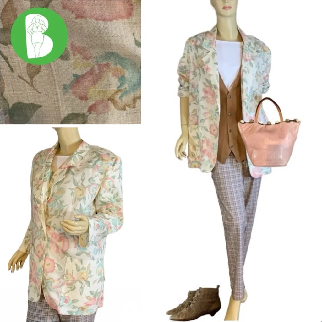 JESSICA SCOTT VINTAGE 1990'S BEIGE, PINK AND BLUE FLORAL PRINT BLAZER (M) Size M - Image 2