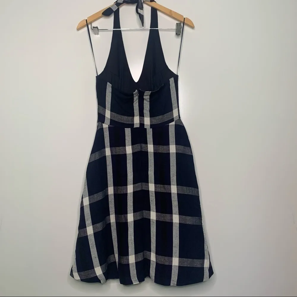 Eva Franco Anthropologie Anya Navy Plaid Linen Blend Halter Dress Size 2 Blue - Image 7