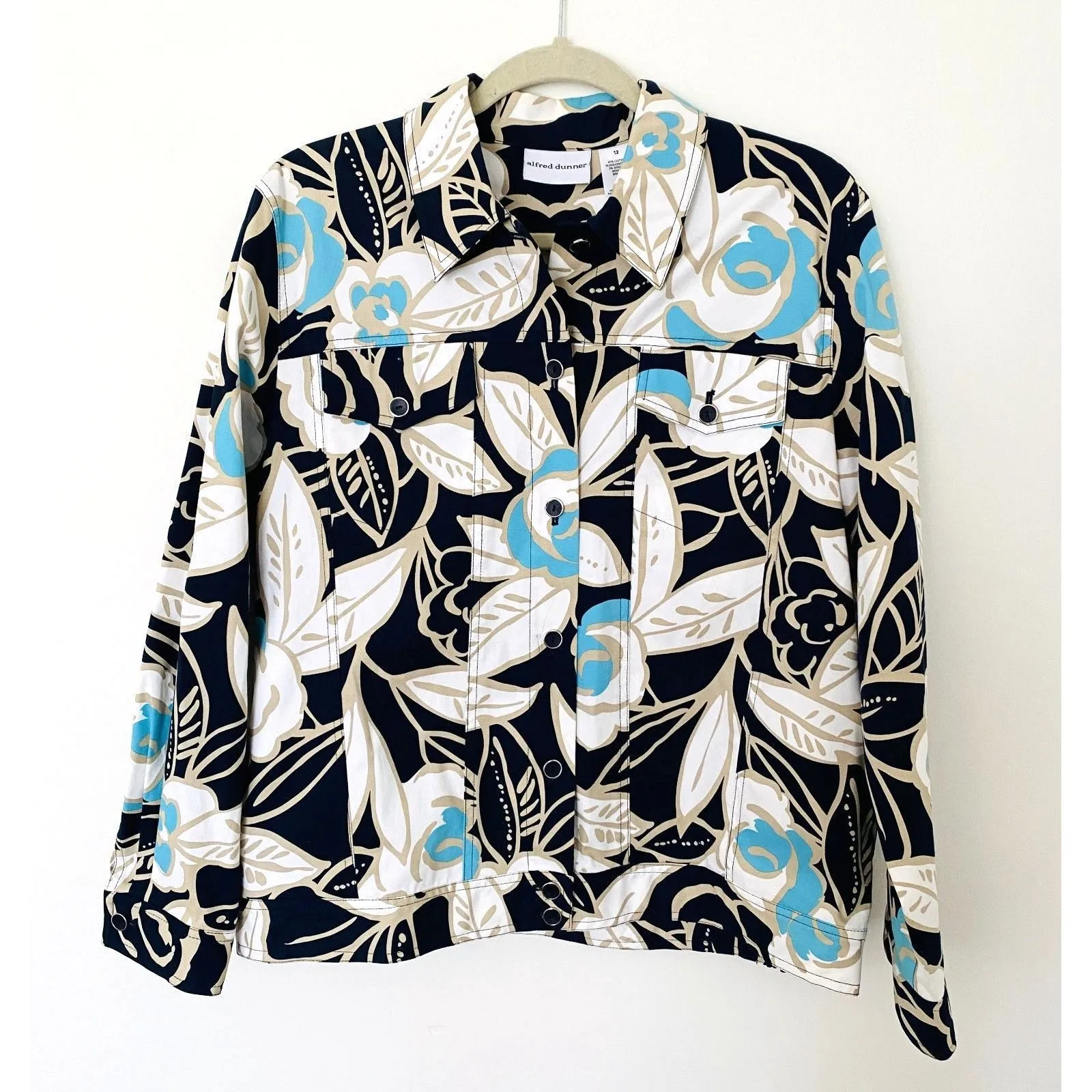 Alfred Dunner Floral Blazer Buttons Cotton Blend Stretch Jacket -Light Stain 12 - Image 1