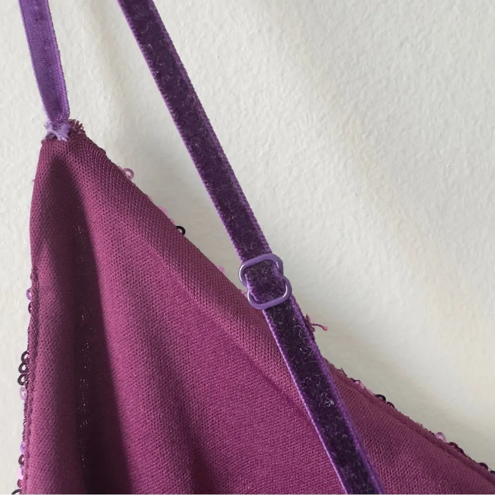 Betsey Johnson Purple Sequin spaghetti strap Sleeveless Bodycon mini Dress slit - Image 7