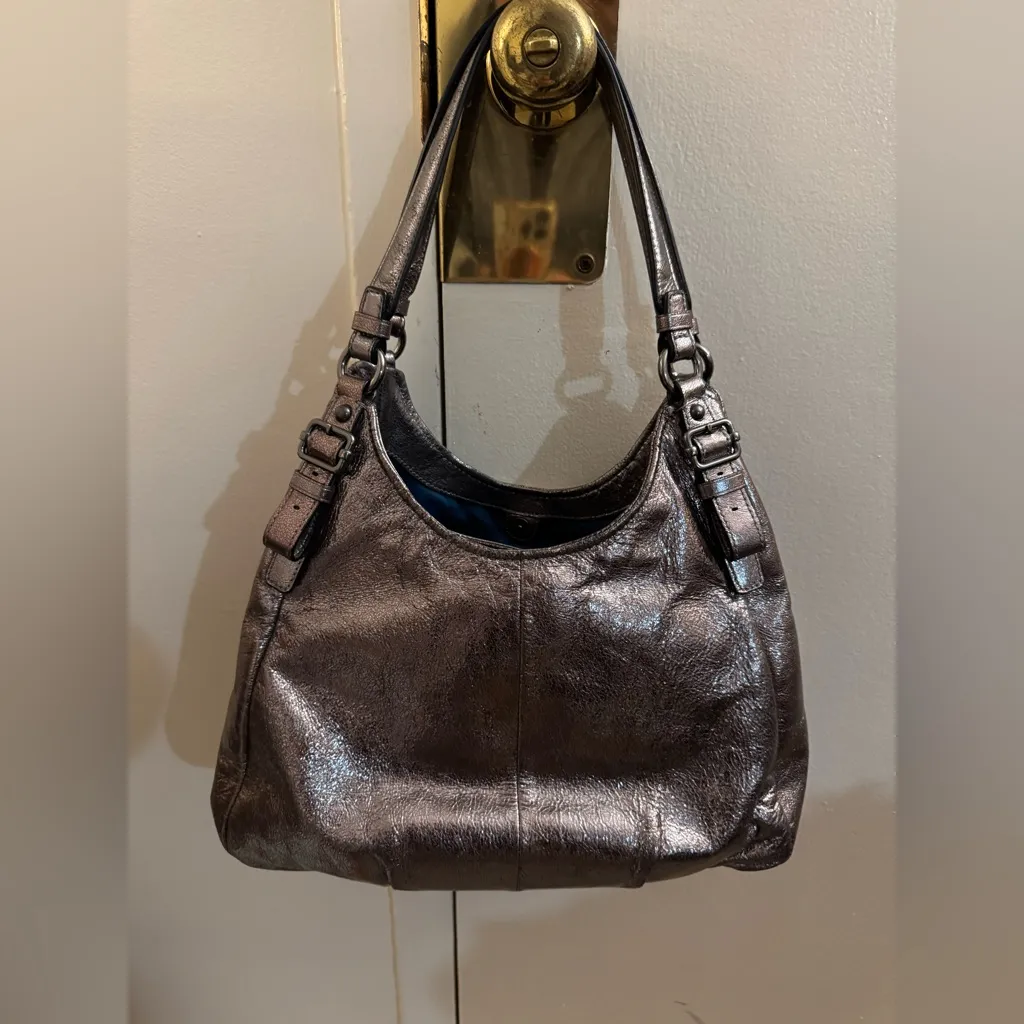 Coach Madison Maggie Metallic Gunmetal Leather Hobo Bag Excellent Vintage Y2K - Image 3