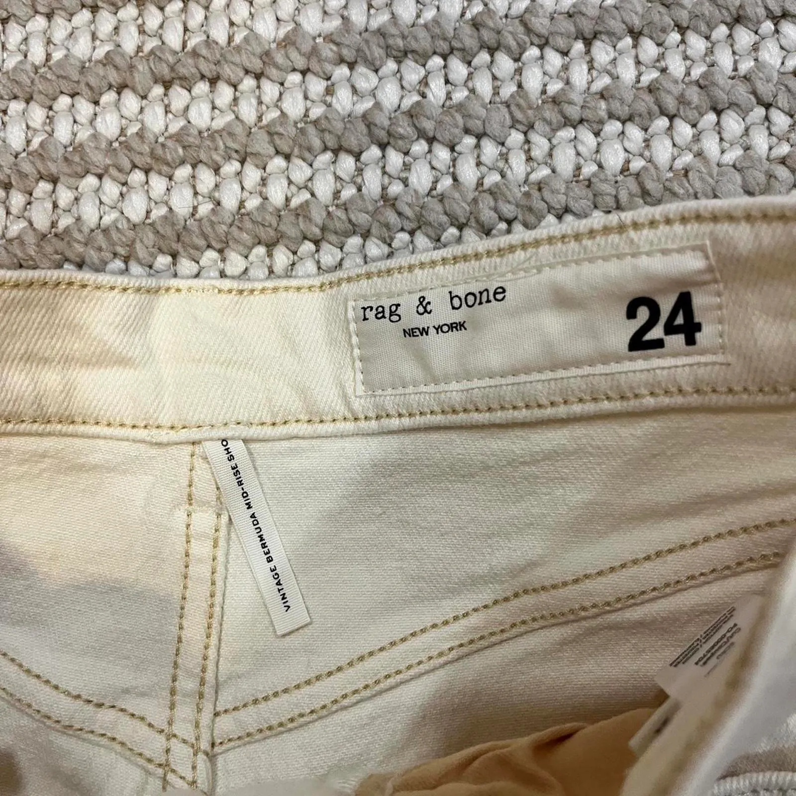 Rag & Bone Cotton Blend Denim Vintage Style Bermuda Shorts in Ecru - Image 3