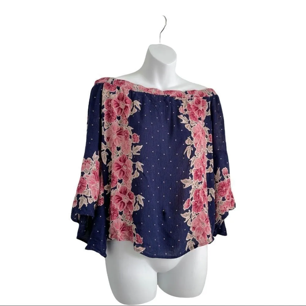 Francesca Floral Polka Dot Off Shoulder Batwing Top Blue Size M - Image 12