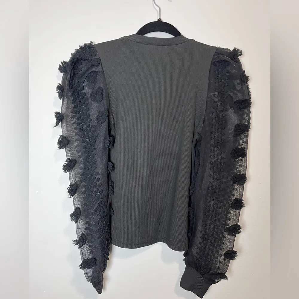 Poppy Ribbed Sheer Long Balloon Sleeve Fitted Women’s Top Sz XS EUC Black - Image 6